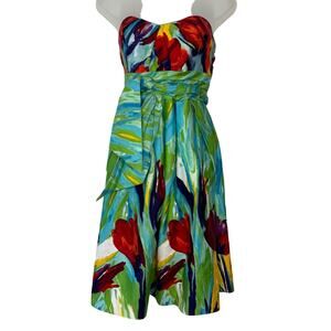 Sophia Christina Dress Womens 8 Blue Floral Strapless Wedding Guest A-Line Dress